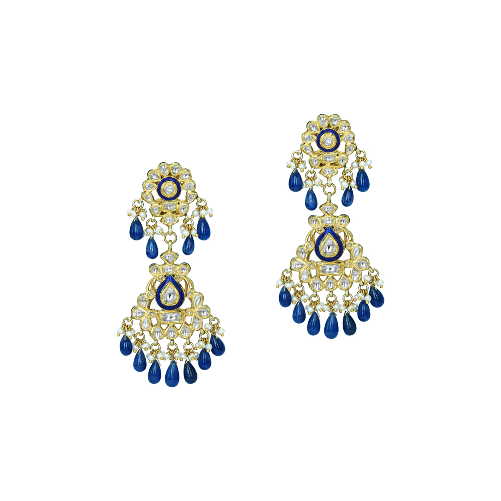 Polki Earrings with Blue Enamel and Ruby Bead Drops